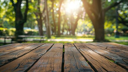 Wooden tabletop on the podium outdoors in the park, garden, forest on the background of nature.