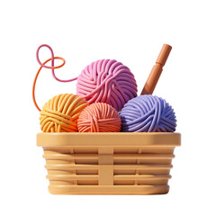 Yarns Inside Wicker Basket with Crochet Needle 3D Render Icon Cute Cartoon Style Illustration