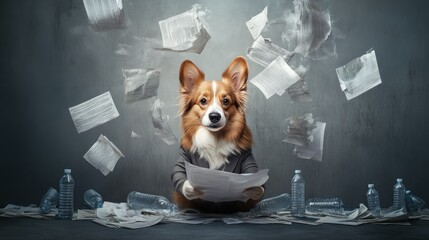 Dog reading papers surrounded by clutter