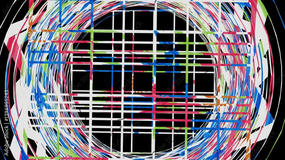 Poster abstract multicolored wireframe figure twists and untwists on black background. 3d render looped ani