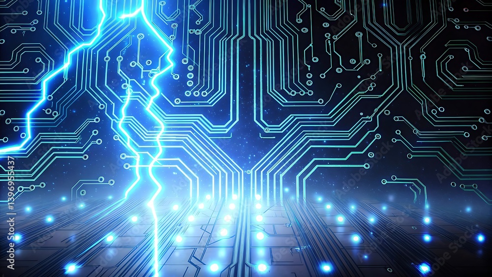 Poster glowing blue circuit board background with futuristic high-tech design, fast-paced electronics theme