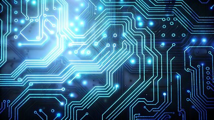 Obraz premium Glowing Blue Circuit Board Background with Futuristic High-Tech Design, Fast-Paced Electronics Theme, and Dynamic Light Effects for Digital and Technology Concepts