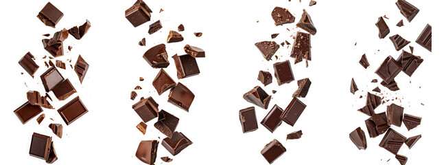 falling chocolate chunks on white background