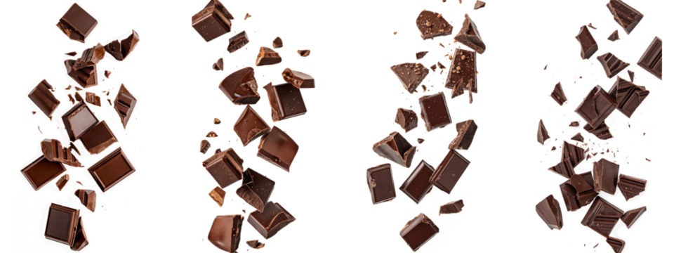 falling chocolate chunks on white background
