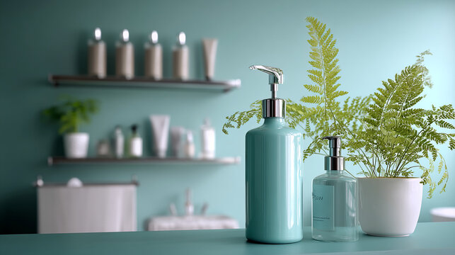 Teal soap dispensers and ferns on a teal surface, showcased against a blurred teal bathroom background, representing serenity and cleanliness