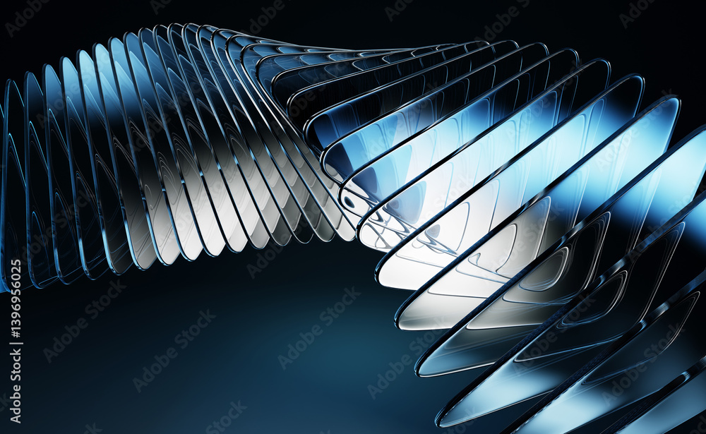 Poster abstract dark blue 3d background with glass transparent triangle plates row. crystal light curve wav