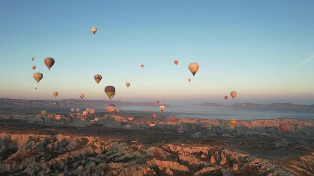 Hot Air Balloons in the Sunrise Drone Video, Cappadocia (Kapadokya) Goreme Nevsehir, Turkey (Turkiye)