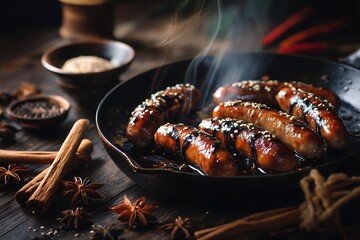 Sizzling sausages with a sticky glaze in a rustic pan