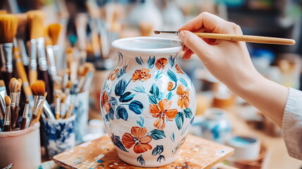 Creating a beautifully painted pottery vase with colorful floral designs in a vibrant art studio