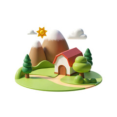 Fototapeta premium Beautiful Farm with Mountains Isometric 3D Render Icon Illustration Cute Cartoon Style