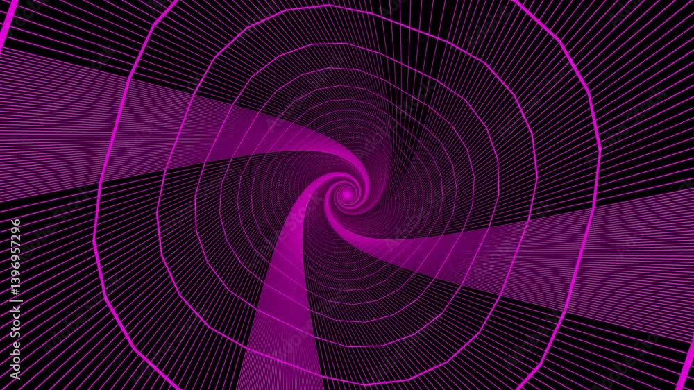 Poster endless forward movement inside a circular spiral tunnel made of purple lattice. 3d render looped an