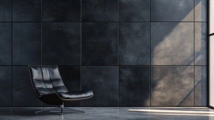 Black leather lounge chair against a dark tiled wall with sunlight streaming through a window
