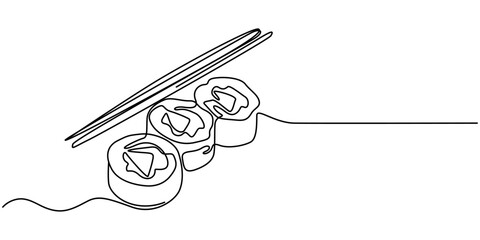 Sushi roll vector banner, background. One continuous line art drawing banner with text sushi menu for order, delivery, Continuous one line drawing of sushi rolls. Japanese food restaurant menu. Simple