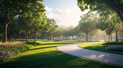 Tranquil Winding Pathway Through Lush Green Park with Flowerbeds and Sunlight