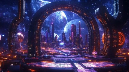 Obraz premium Futuristic city portal to cosmos.