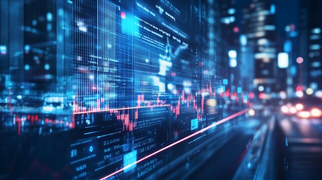 Futuristic city night scene with digital data overlay showing graphs and codes. - Powered by Adobe