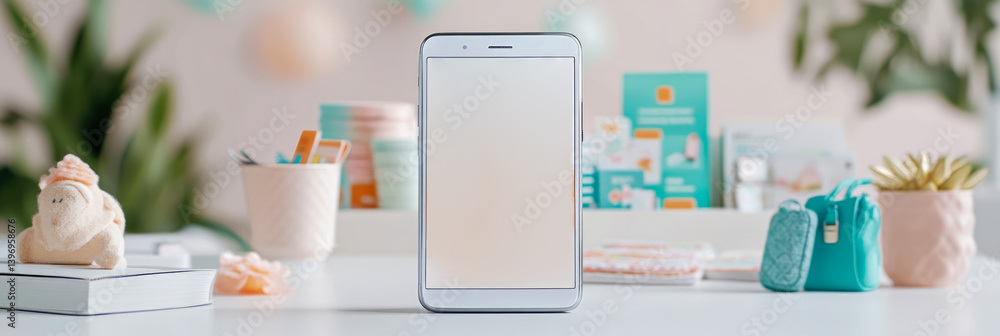 Poster modern lifestyle with mobile device mockup - smartphone showcasing apps and digital content, on desk