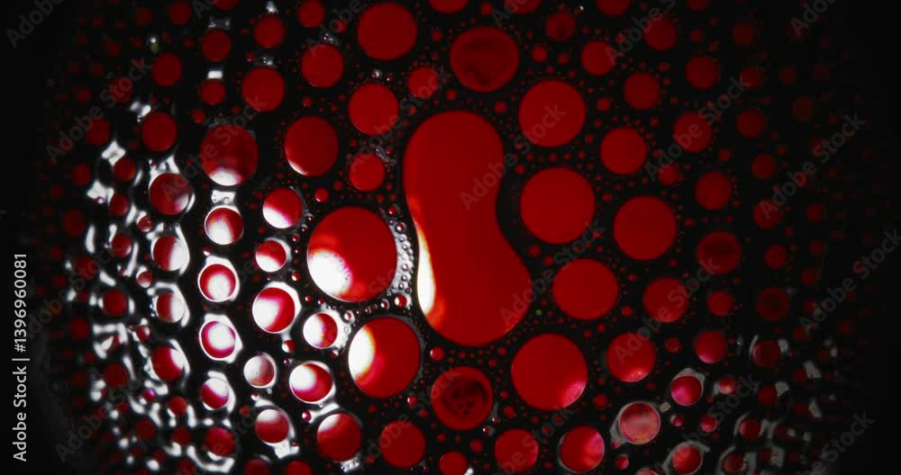 Poster microscopic shot of red and black alcohol ink creating round shapes and patterns, with a color palet