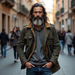 Uomo con barba e capelli lunghi che cammina lungo una strada. Sullo sfondo ci sono persone.