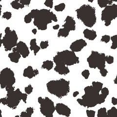 Seamless animal pattern. Cowhide texture with black spots on white. Mammal fur print. Leather design. Vector illustration