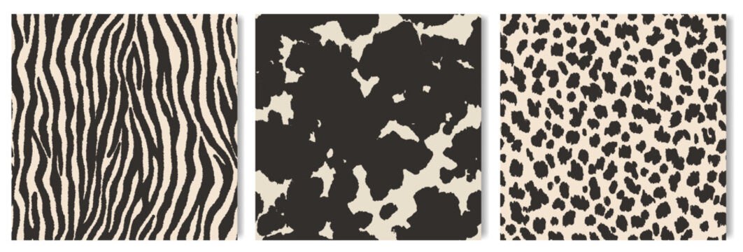 Seamless fashionable patterns with animal skins. Abstract geometric backgrounds with spotted and striped patterns. Collection of decorative textures from leopard, cow skins and zebra fur.