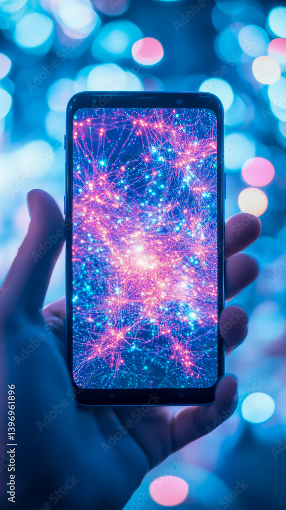 Poster digital fireworks: a mobile device showcasing an explosion of light on its screen, set against a bok
