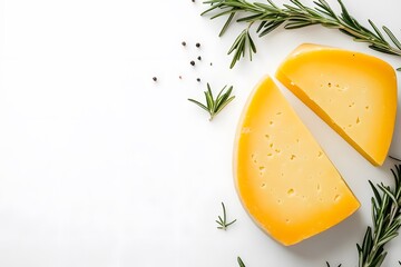 Cheese wedges with rosemary sprigs and peppercorns on a white background.