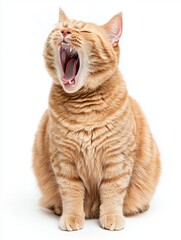 Obraz premium Yawning orange tabby cat with eyes closed, wide open mouth showing teeth and tongue, isolated on white background.