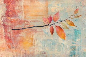 Autumnal branch with vibrant fall leaves against a textured backdrop.