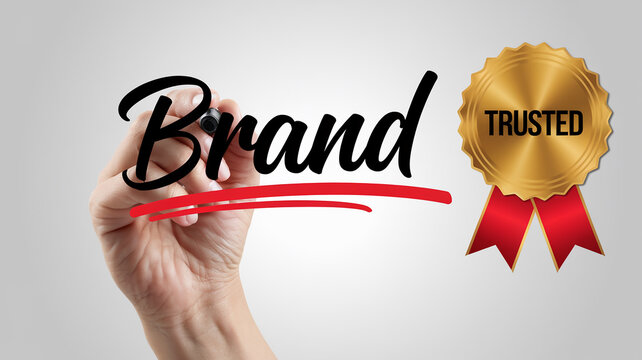 Hand writing "Brand" in black marker, underlined in red, next to a gold "Trusted" award seal, showcasing brand trust and reliability concepts