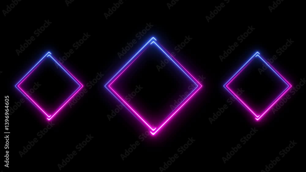 Aufkleber square shape frame glowing neon lights loop animation on black background.