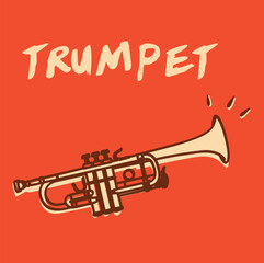 Bold vector illustration of a trumpet on a vivid red background with expressive lines and hand-drawn text. Ideal for jazz, music education, or creative graphic design projects