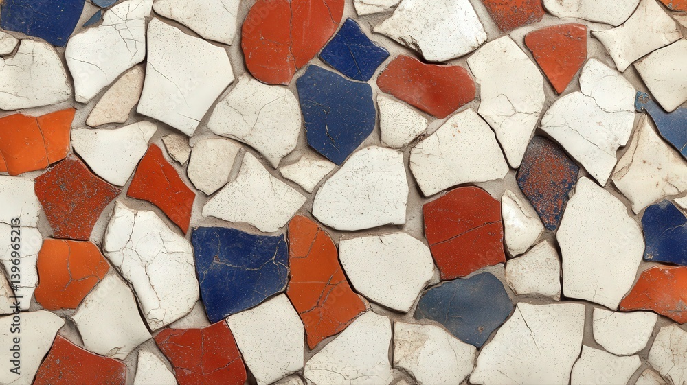 Aufkleber mosaic tiled surface with irregular shapes of blue red and white stone abstract pattern in detailed 