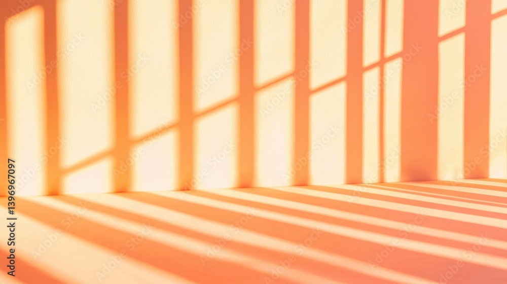 Poster warm sunlight streams through a window casting long vertical shadows on a pale orange wall and floor