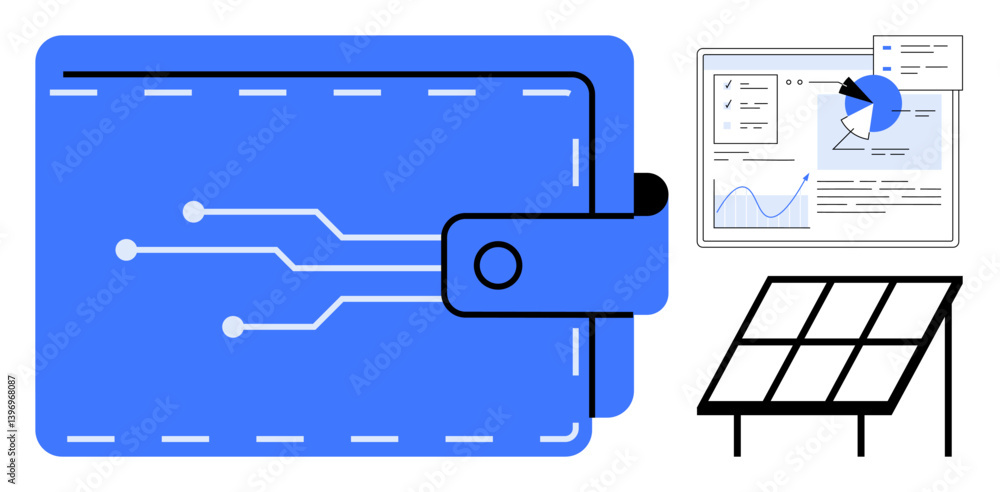 Aufkleber blue wallet with circuit lines, data dashboard showing analytics and charts, solar panel icon. ideal