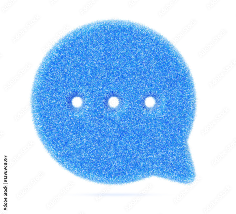 Poster 3d blue fluffy chat speech, message or comment icon render. cute plush text dialog bubble, web notif