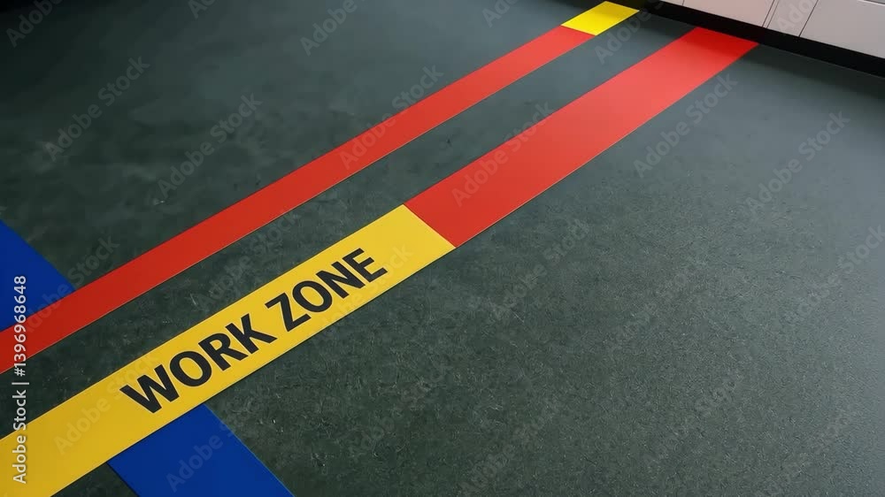 Poster Clear Work Zone Markings on Floor Enhance Safety and Organization for Production Workers in Structured Work Environment