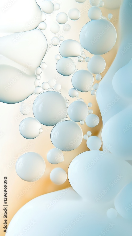 Poster abstract image of translucent white and light blue spheres floating in a liquid medium creating a me
