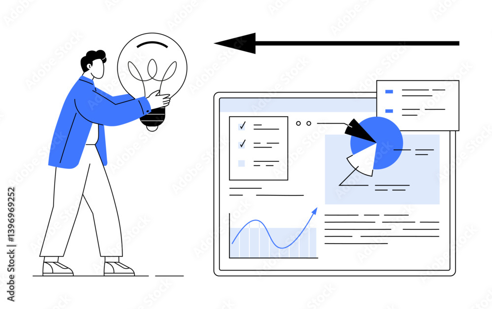 Poster person carrying a glowing lightbulb toward a large analytics screen displaying charts, graphs, and r