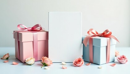 Subtle pastel watercolor painted gift boxes, delicate floral accents, graphic, pattern