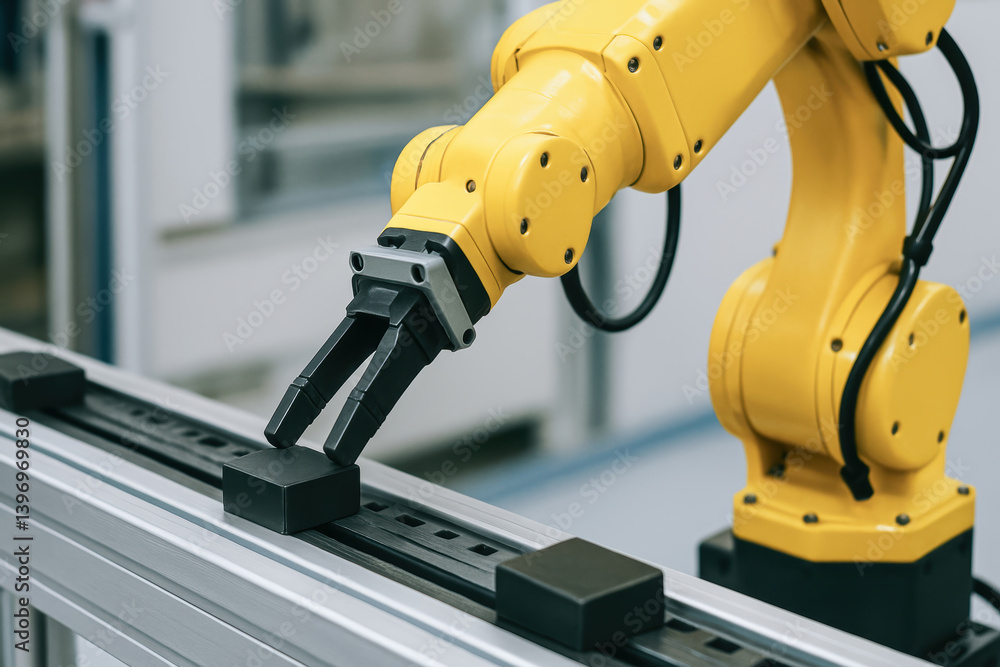 Poster robotic arm is engaged in production process, showcasing concept of automation in modern workspace. 