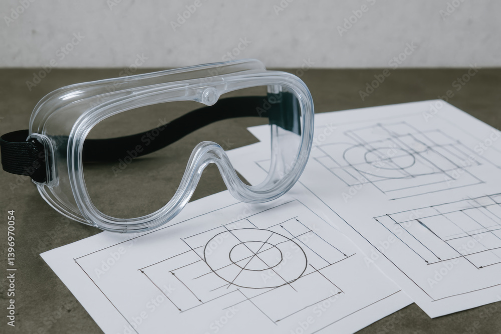 Poster clear safety goggles are placed on table next to design sketches showcasing production worker concep