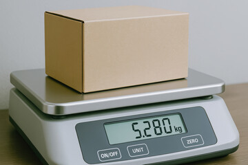 cardboard box sits on digital scale showcasing weight of 5.280 kg, representing production worker concept of measuring items accurately