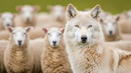 Obraz premium White Wolf Among Sheep in a Pastoral Field
