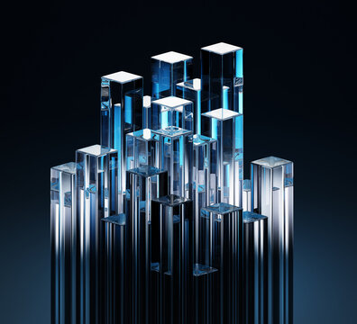 3d glass transparent rectangle pillars with light blue gradient on dark background. Abstract black bg with crystal geometric columns or ice blocks. Render digital tech graphic design. 3D illustration