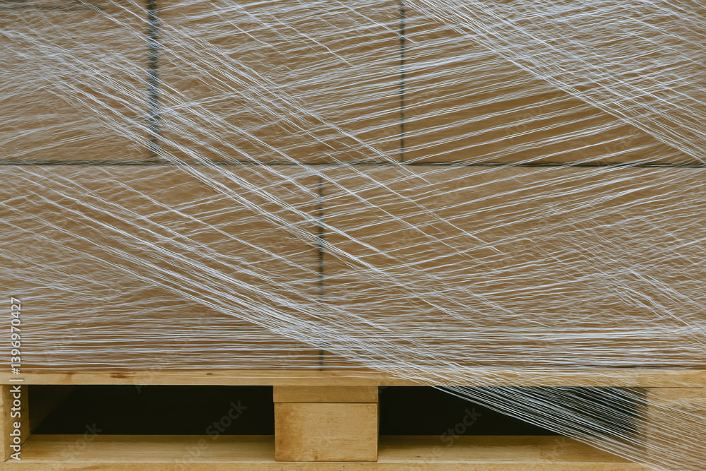 Poster pallet with wrapped boxes showcases production process in warehouse setting, highlighting worker con