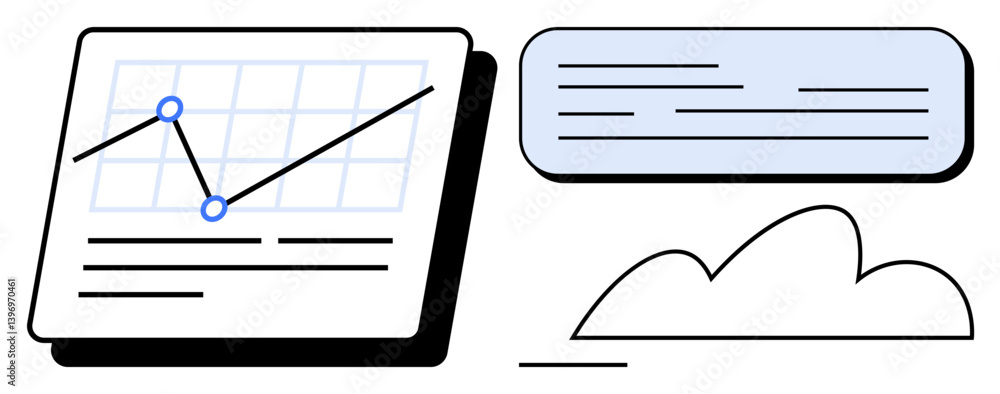 Aufkleber line graph with two plotted points on a data chart, text area with lines, and a cloud shape. ideal f