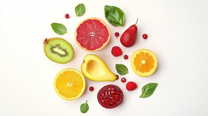 Diverse Healthy Food Collage: Fresh Fruits and Vegetables, Overhead View, Soft Light, Perfect Composition