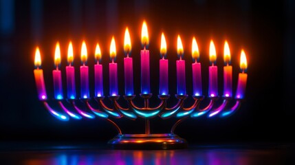 Lit candelabra, with vibrant, warm flames and bright hues casting colorful glows on its shiny, metallic base