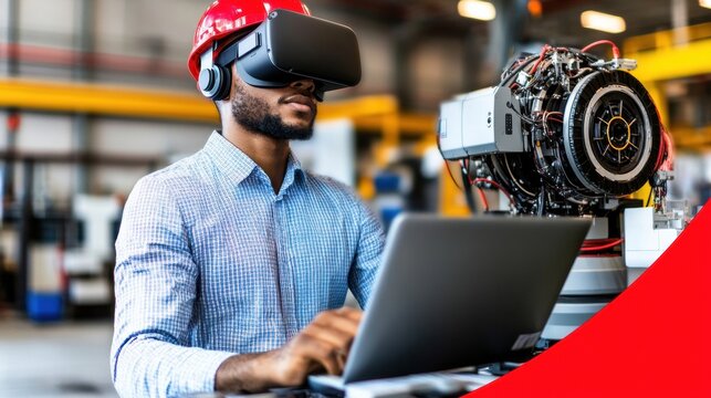 Focused Male Engineer Wearing VR Headset Uses Laptop While Inspecting Industrial Robot in Factory Setting